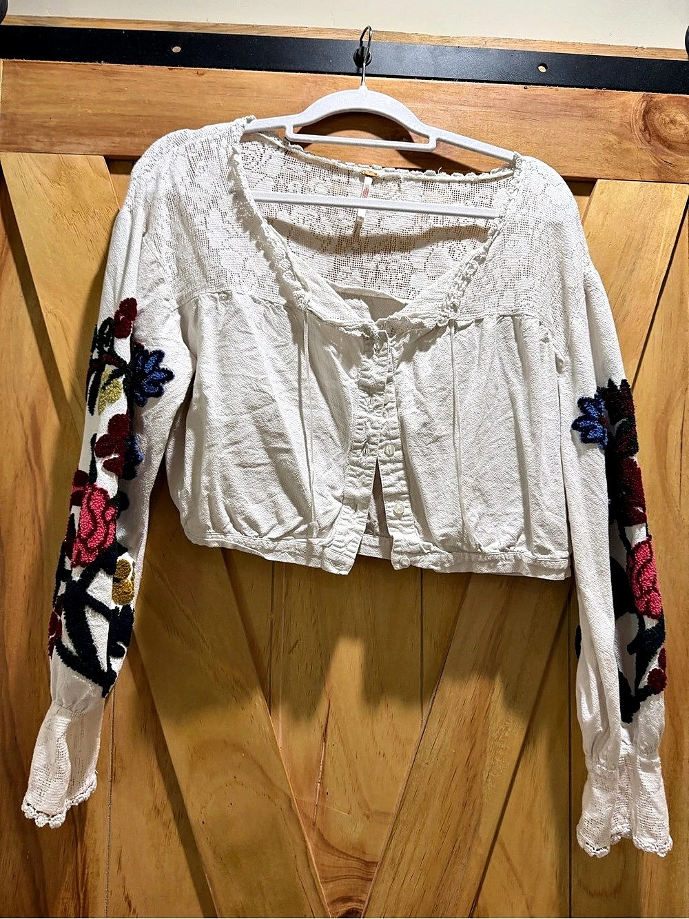 Free People Garden Grace Top Embroidered Cropped Blouse White & Red Small